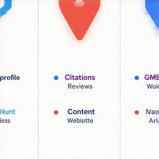 Diagram illustrating Google Maps SEO optimization process with steps and icons.