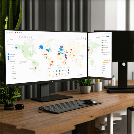 A professional workspace with dual monitors displaying local SEO analytics and review management tools