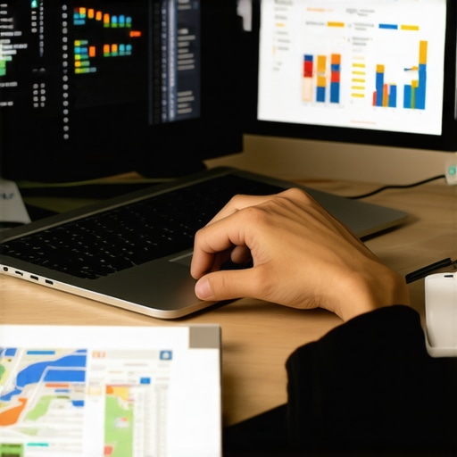 Person analyzing local SEO metrics on a laptop with charts and maps