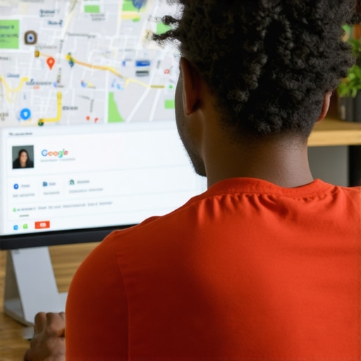 Business owner working on Google My Business profile optimization on computer with maps and analytics display.