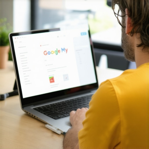 Business owner enhancing GMB profile on laptop, focused on local SEO tasks.