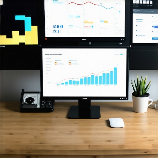 A workspace with screens showing map ranking dashboards and SEO analytics.