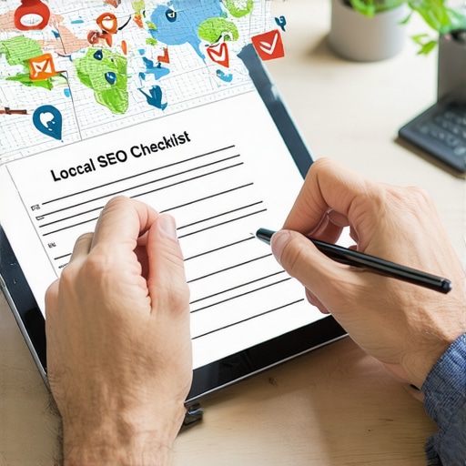 Person reviewing local SEO checklist with map icons and checkmarks.