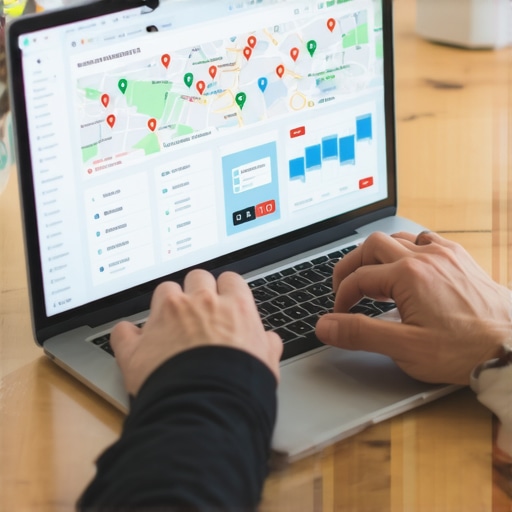 Person reviewing local SEO metrics on a laptop with maps and graphs