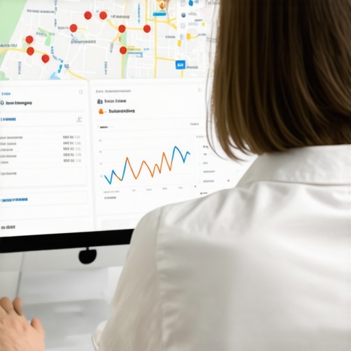 A person reviewing local map ranking performance on a laptop with analytics charts.
