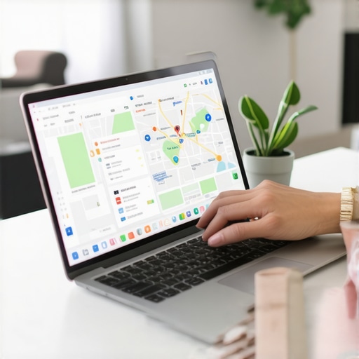 Person working on SEO tools on a laptop for map ranking maintenance.