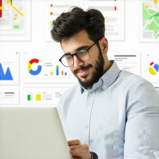 Optimizing Google My Business Profile for Local SEO Business owner working on Google My Business profile showing local maps and analytics.