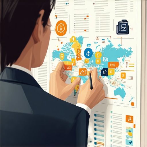 Business owner planning local SEO strategies on a digital map with icons