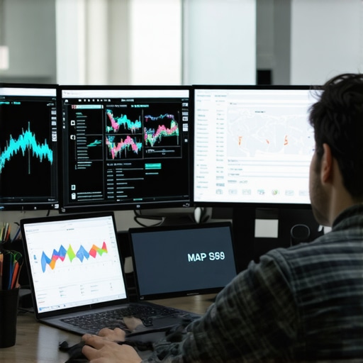 Person reviewing SEO performance metrics on several monitors