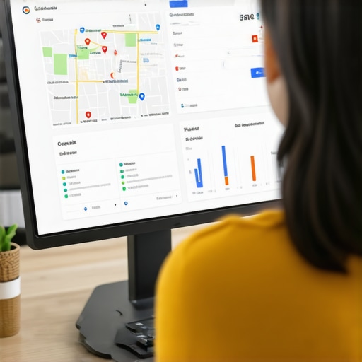 Person analyzing local SEO data and updating Google My Business profile on a laptop