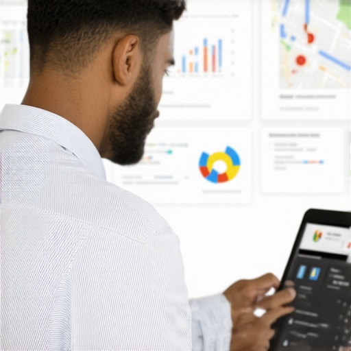 Business owner updating GMB profile on laptop with local map and analytics charts.