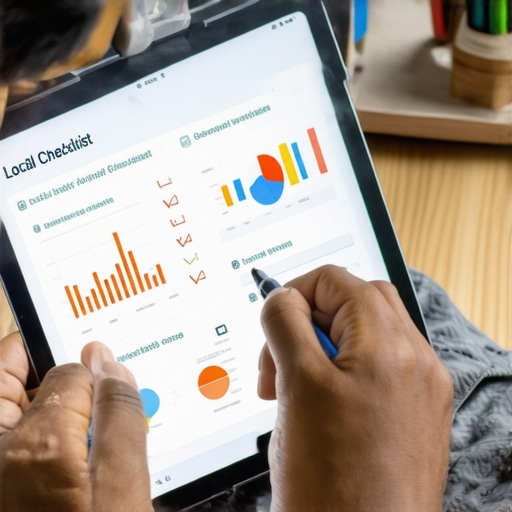 Person analyzing local SEO checklist on tablet for map pack optimization
