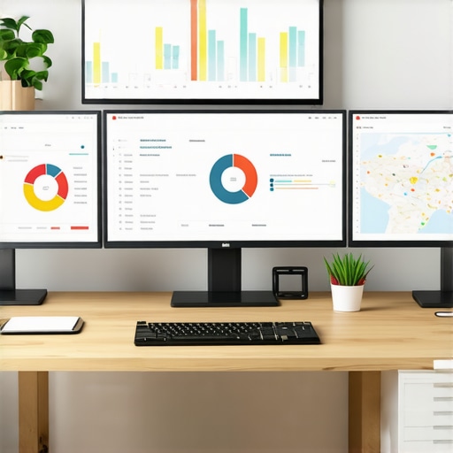 Multiple screens showing live maps and SEO analytics dashboards for local map optimization.